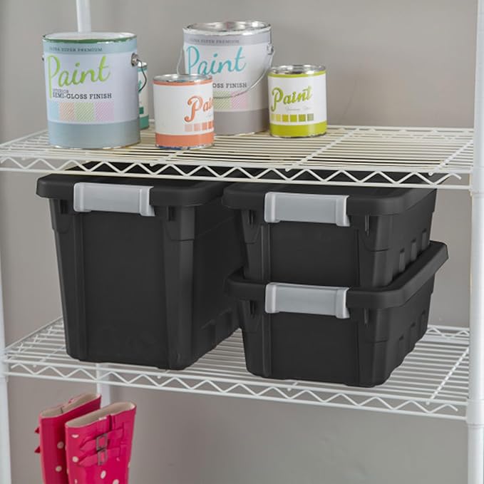 Sterilite 6-Pack 7.5 Gallon Stacker Tote, Rugged Plastic Storage for Home Organization, Black - Stackable Organizer Bins with Recessed Lid & Heavy-Duty Latches for Closet, Basement, Garage and Attic