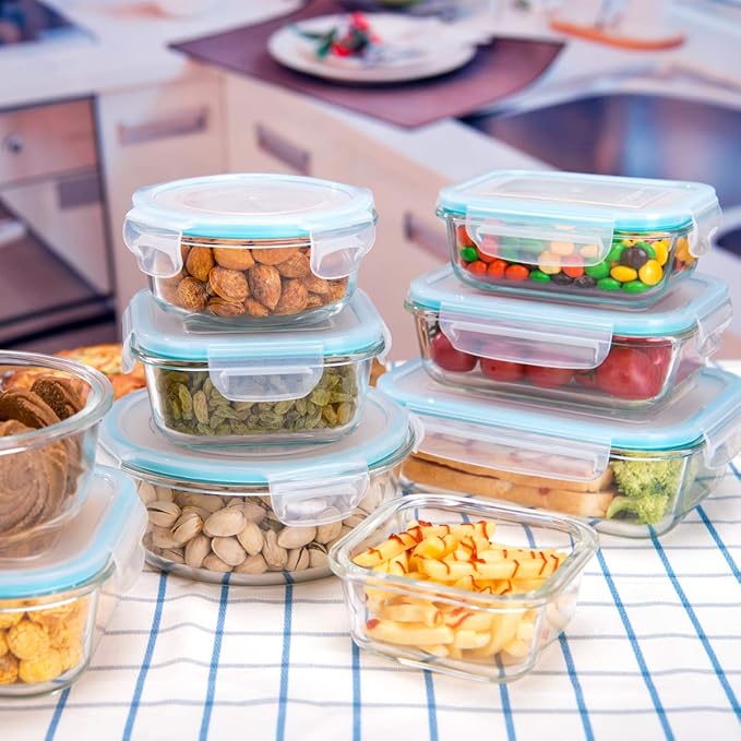 Glass Food Storage Containers with Lids, [18 Piece] Glass Meal Prep Containers, Containers for Food Storage with Lids, BPA Free & Leak Proof (9 Lid & 9 Container)