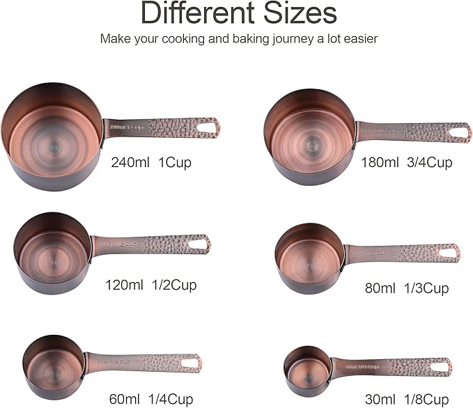 Smithcraft Copper Measuring Cups and Spoons Set, Stainless Steel Copper Plated 6 Metric & US Measuring Cups & 7 Spoons with Leveler for Baking & Kitchen