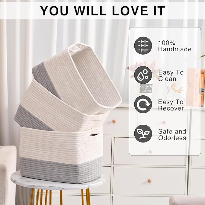 ICERZCZ Storage Baskets for Organizing Shelves, Woven Cotton Rope Bins for Baby Nursery Organization, Book Toy Towel Organizer, 15"x11"x9.5", 3 Packs, Off White & Grey