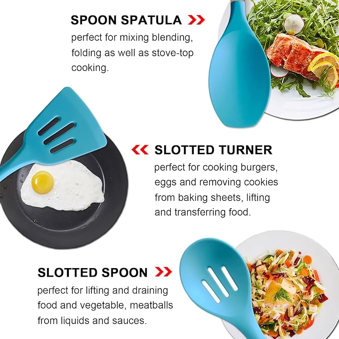 IOCBYHZ Silicone Kitchen Cooking Utensils Set, 5-Piece Non-Stick Silicone Kitchen Utensils Spatula Serving Spoons Turner Ladle Set w Wooden Handle Heat Resistant Cooking Gadgets for Nonstick Cookware