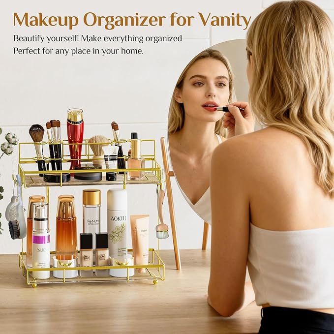 Megier 2 Tier Golden Bathroom Organizer Countertop, Small Countertop Organizer for Bathroom Decor, Kitchen Counter Shelf for Spice Rack and Snack, Vanity Makeup Organizers and Storage Tray for Bedroom