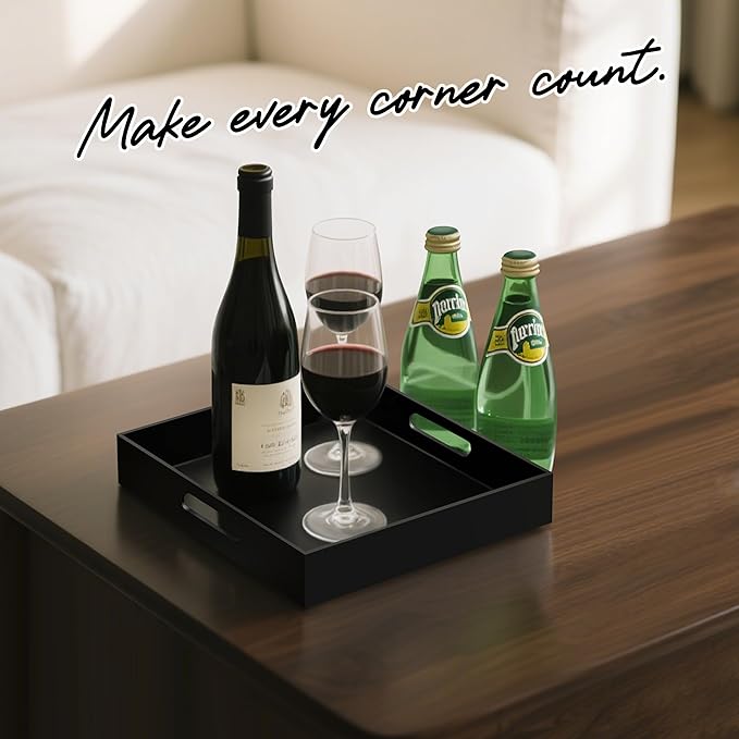 KEVJES Glossy Black Acrylic Serving Tray with Handles-Butler Trays for Coffee Table, Snacks,Breakfast in Bed, Kitchen Countertop,Vanity,Makeup Organizer,Ottoman (Black, 12x12 Inches)
