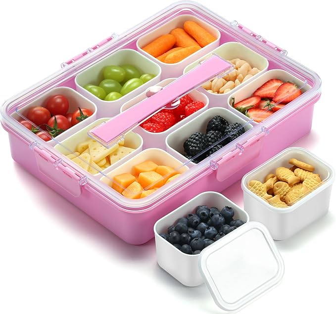 Snackle Box Container for Adults with 9 Compartment, Divided Serving Tray Snack Box Containers with Lid and Handle, Charcuterie Boxes Portable Snack Platter for Fruit Veggie Party Travel, Pink