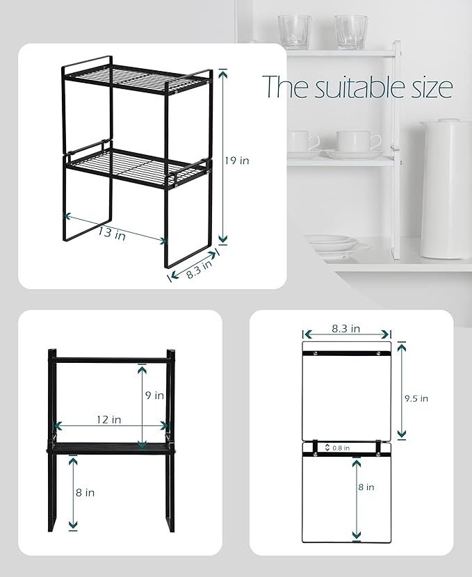Shantton 2pk Kitchen Cabinet Shelf Counter Organizer Rack Pantry Storage Bathroom Bedroom Office Table Desk Space Saving Steel Frame Stackable Rust Resistant Non Slip Black-Tall-L13in W8.3in H9.5in