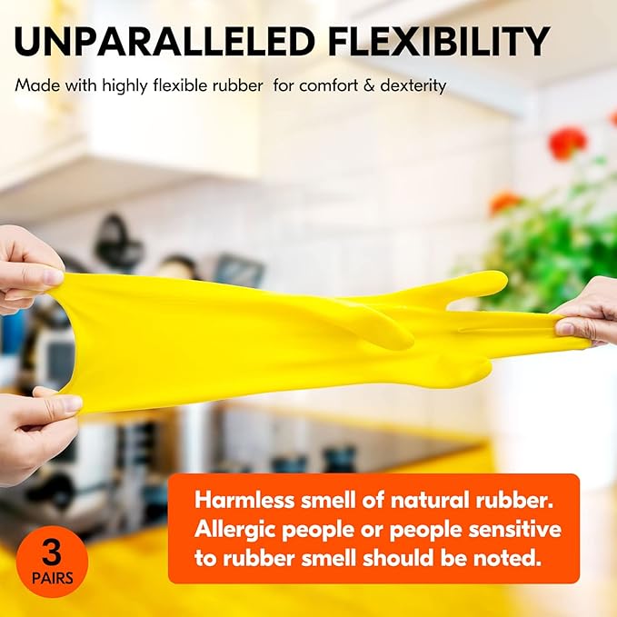 Vgo... 3-Pairs Reusable Household Gloves, Rubber Dishwashing gloves, Extra Thickness, Long Sleeves, Kitchen Cleaning, Working, Painting, Gardening, Pet Care (Size L, Yellow, HH4601)