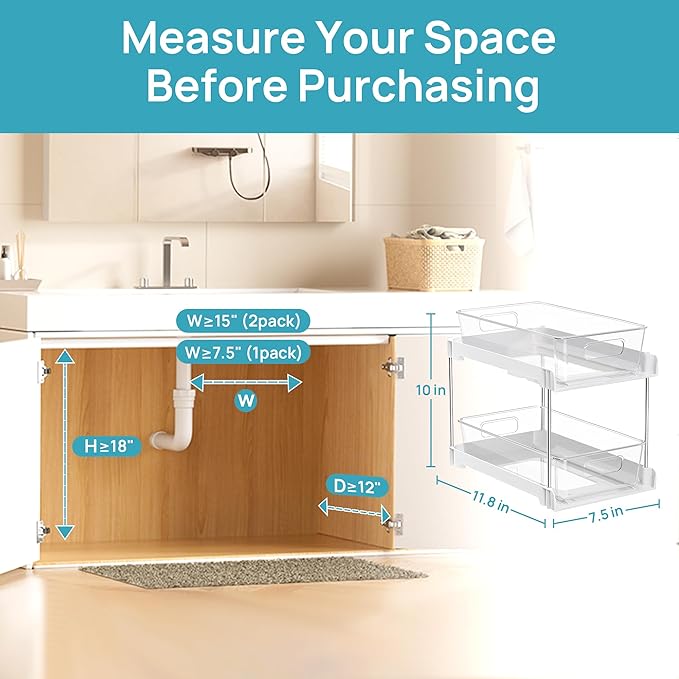 Vtopmart 2 Pack Bathroom Organizer, 2 Tier White Under Sink Organizers Vanity Countertop Storage Container,Cabinet Drawers Bins, Pull-Out Organization with Track for Pantry, Kitchen