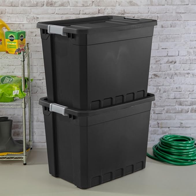Sterilite 8-Pack Plastic Storage Bins with Lids, Stackable Containers, 27 Gallon, Black