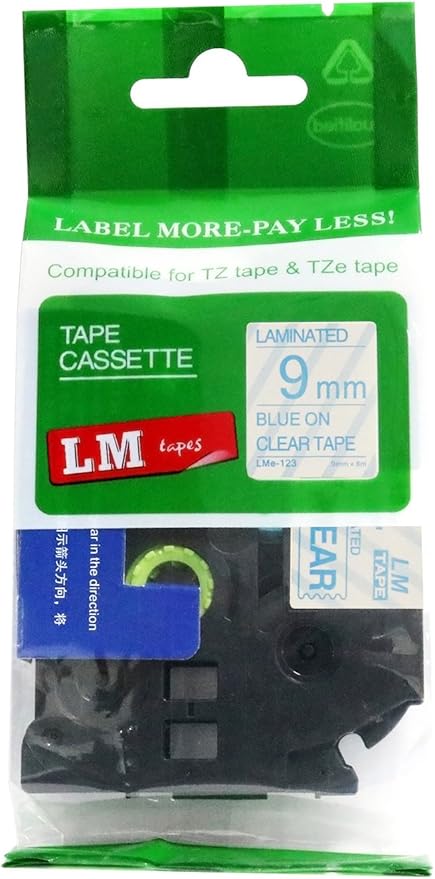 1/Pack LM Tapes - LMe123 Premium 3/8" Blue Print on Clear Label Compatible with P-Touch TZe-123 Tape and Includes Tape Color/Size Guide. Replaces TZ-123 9mm 0.35 Laminated.