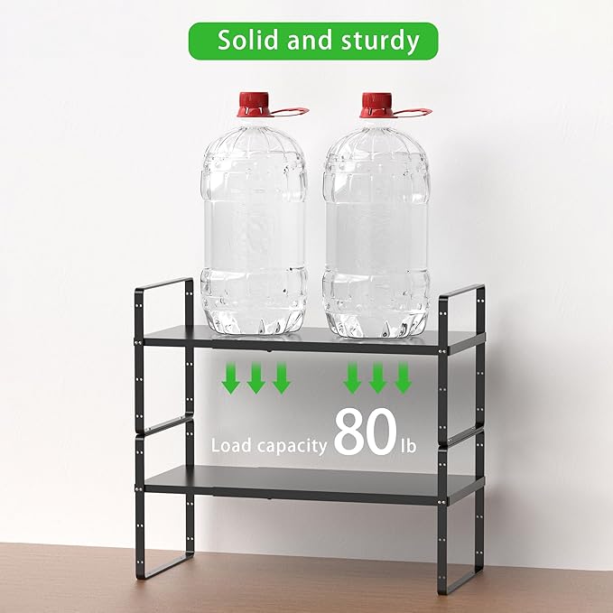 SOFRON Expandable Cabinet Storage Shelf Stackable Organizer Rack for Kitchen Bathroom Pantry Spice Cupboard Countertop Home Office Desk Heavy Duty Nonslip Black Large 2 PACK
