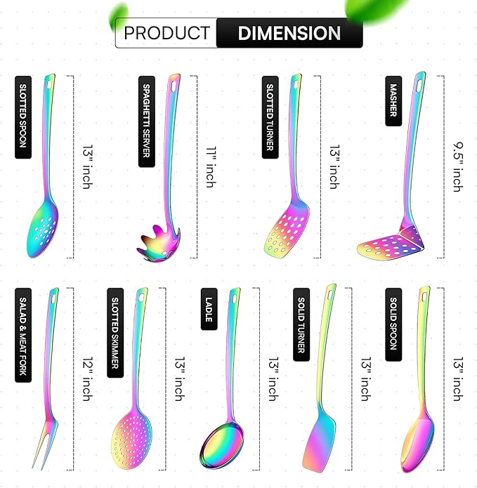 9 Pcs Premium Stainless Steel Kitchen Cooking Utensils Set Metal Cooking Utensils Tools Nonstick Heat Resistant -Ladle, Slotted Spoons, Slotted Turners, Masher, Fork, Skimmer, Spaghetti Server