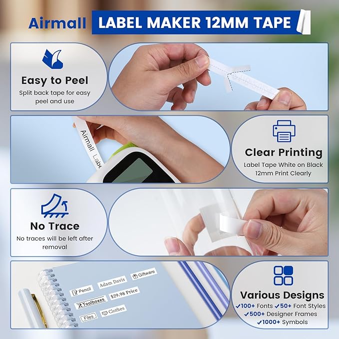 Tze Tz Tape 12mm 0.47 Laminated White, Replacement for Brother TZe-231 TZ-231 Laminated P Touch Label Maker Tape, 1/2" Black on White, for PT-D220 D210 H110 D200 D400 1280 D610BT Refills, 8-Pack
