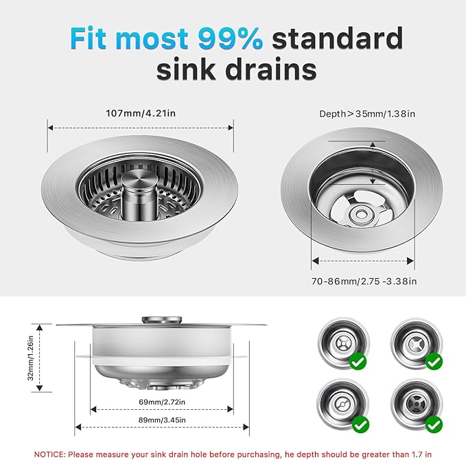 1S-Install Upgraded Kitchen Sink Strainer & Stopper – Pop-Up Fast Drain, Anti-Clog Basket & Deodorizing Cover – Fits US Standard 3.5 in Drain, 3 in 1 Stainless Steel Sink Drain Strainer