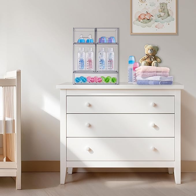 Sorbus Wide Stackable Acrylic Storage Drawers, 6 Pack Clear Plastic Organizer Bins for Baby Bottles, Makeup, Bathroom, Vanity & Countertop Organization, Pull-Out Drawer Design for Cabinets & Pantry