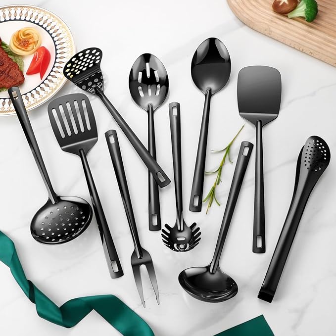 Lazycorner Kitchen Utensils Set, 11pcs Stainless Steel Cooking Utensils Set with Holder, Metal Kitchen Set for Cooking with Turners, Potato Masher, Spatula, Spoons, Pasta, Tongs