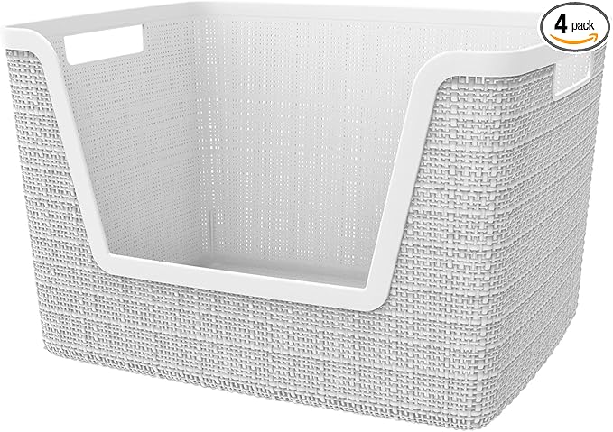 Curver Set of 4 Large 18L Easy Access Jute Decorative Plastic Organization and Storage Baskets - Perfect Bins for Home Office, Closet Shelves, Kitchen Pantry and All Bedroom Essentials, White