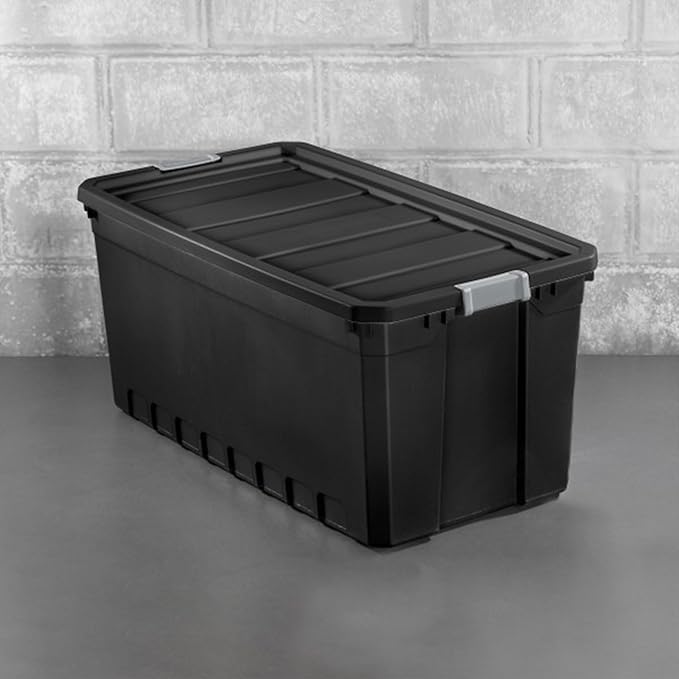 Sterilite 6-Pack Plastic Storage Bins with Lids, Stackable Containers, 50 Gallon, Black
