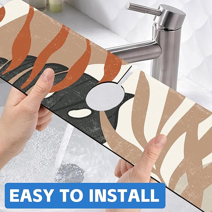 Mid Century Boho Leaves Kitchen Sink Splash Guard Absorbent Fast Drying Mat Faucet Draining Guard Behind Faucet Drip Catcher for Kitchen Bathroom 5.5"24"