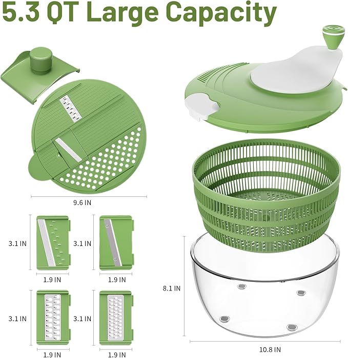 SmartTrends Salad Spinner, 5.3 QT Lettuce Spinner with Strainer, Fruit Cleaner with 4 Replaceable Blade for Shredding, Slicing and Pureeing, Salad Washer & Dryer for Quick Washing (Green)