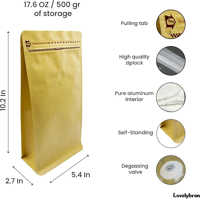 Premium Kraft Coffee Bags with One-Way Degassing Valve - 100 Pack, 16oz | Eco-Friendly & Strong Sealable Pouches for Optimal Freshness | Ideal for Coffee, Tea, Snacks & More