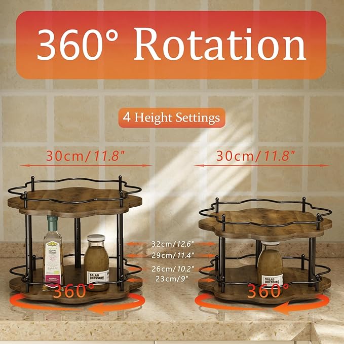LIAISIMI 2 Tier Lazy Susan Organizer,2-Tier Spinning Spice Rack with Stable Carousel Base & 4 Height Settings for Cupboard Kitchen Countertop Dining Table Cupboard (Two-Ply(Petal Shape))