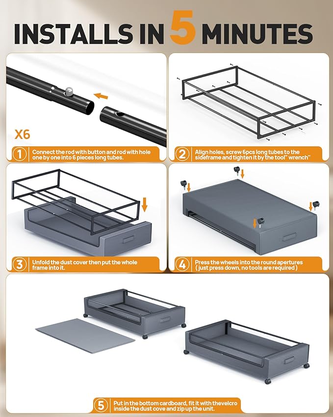Under Bed Storage With Wheels, 2 Pack Square Containers, 60L Bins, Rolling Metal Drawer for Clothes, Blankets, Shoes