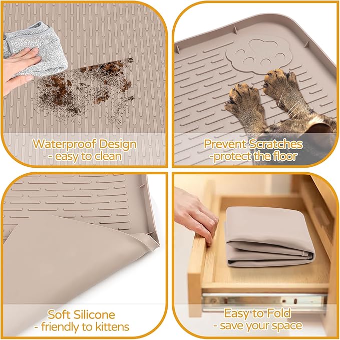 Lanstics Cat Food Mat, 40" x 28" Large Silicone Mat Cat Feeding Mat with Raised Edge Non-Slip Pet Feeding Mat for Food and Water Bowl, Easy to Clean, Floor Protection (Khaki)