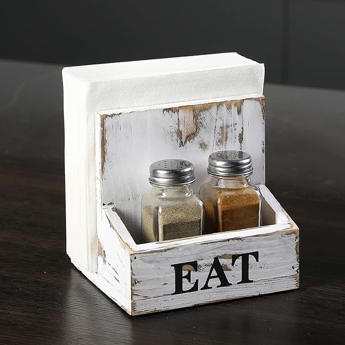 MyGift Napkin Holder for Table, Wood Napkin Holder with Salt and Pepper Shakers Set, Condiment Caddy with Bold Black Printed EAT Design, Standing Paper Napkin Storage for Kitchen Dining Table Decor