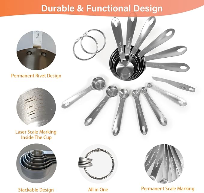 Wuzzox Stainless Steel Measuring Cups & Spoons Set of 13, Stackable Metal Measuring Cups & Spoons, Kitchen Gadgets for Cooking & Baking