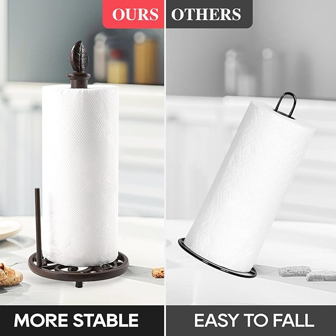 JOGREFUL Paper Towel Holder Stand, Cast Iron Kitchen Paper Towel Countertop Vintage Stand with Weighted-Base, Bathroom Organization for Family Standard Large Size Roll Paper, Leaf Top, Brown