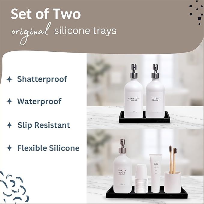 Spacewiser Countertop and Vanity Tray - 2 PC (11” and 7”) Shatterproof Silicone Kitchen and Bathroom Trays for Counter, Kitchen Soap Dispenser Tray, Vanity Trays for Bathroom, Perfume Key Tray