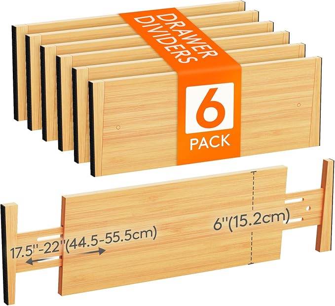 Lifewit 6 Pack 6" Deep Bamboo Drawer Dividers, 17.5-22" Expandable Drawer Organisers for Clothes, Adjustable Dresser Drawer Divider, Clothing Drawers Separators for Dresser, Bedroom, Bathroom, Office