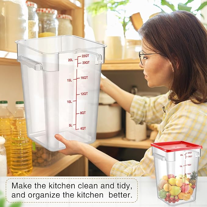 Suclain 2 Pcs Square Food Storage Container Polycarbonate Clear Food Container with Lid Commercial Rice Storage with Graduations for Commercial Kitchen(22 Qt,Red)