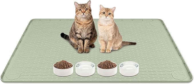 Lanstics Cat Food Mat, 40" x 28" Large Silicone Mat Cat Feeding Mat with Raised Edge Non-Slip Pet Feeding Mat for Food and Water Bowl, Easy to Clean, Floor Protection (Green)