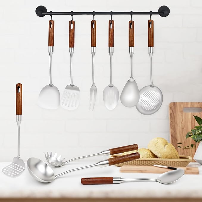 18 10 Stainless Steel Kitchen Utensils Set with Wood Handle,10PCS Metal Cooking Utensils Set, Stainless Steel Cooking Utensils Sets Heat Resistant Wok Tools(12-15in)