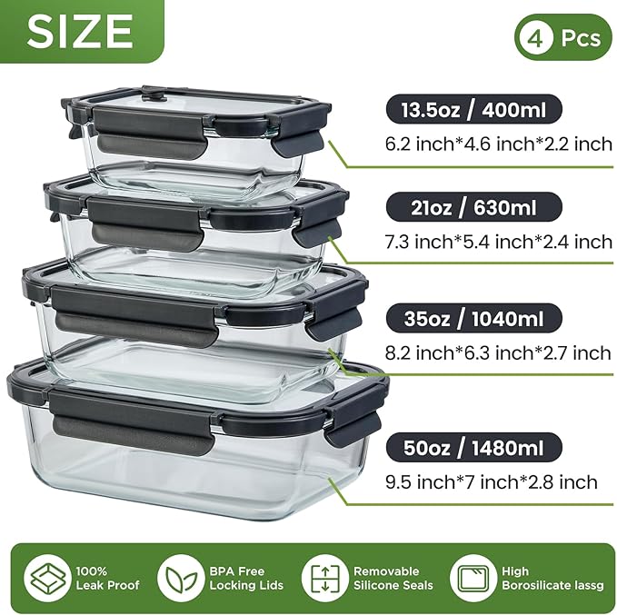 Spreccio Glass Food Storage Containers with Glass Lids, 4 Pack Meal Prep Container with Airtight Lids, Microwave Safe Food Container Set, BPA Free, LeakProof, Ideal for Lunch