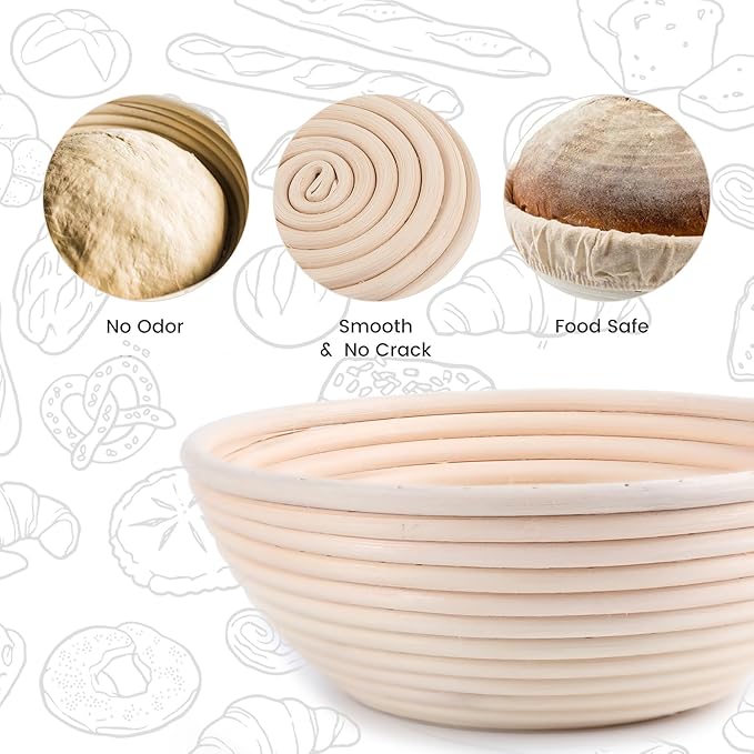 DOYOLLA Bread Proofing Baskets Set of 2 8.5 inch Round Dough Proofing Bowls w/Liners Perfect for Home Sourdough Bakers Baking