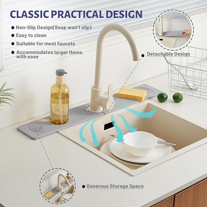 Stone Faucet Mat for Kitchen Sink，Super Absorbent Diatomite Fast Drying Stone and Bathroom Stone Tray for Counter Quick Drying Splash Guard,Prevents Moisture Buildup Sink(Grey,23.6" x 3.9")