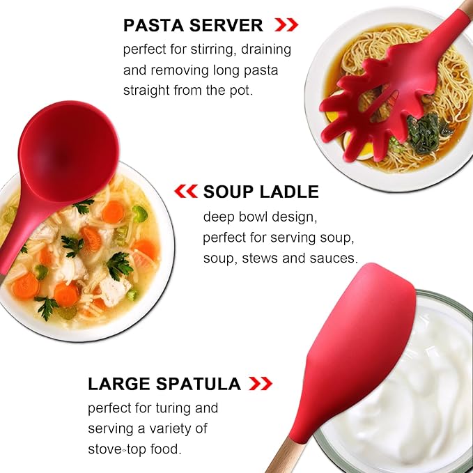 IOCBYHZ Kitchen Cooking Utensils Set 6Pcs Heat Resistant Silicone Kitchen Utensils Spatula Spoon Turner Ladle w Wooden Handle, BPA FREE Silicone Cooking Tool Gadget Set for Nonstick Cookware & Baking