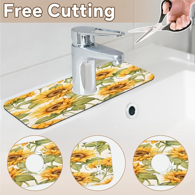 Sunflower Field Kitchen Faucet Mat Splash Guard, 15.4”x5.7” Absorbent Quick Drying Sink Mat for Countertop Protection, Draining Mat Sink Protectors For Kitchen Bathroom, 1 Pack