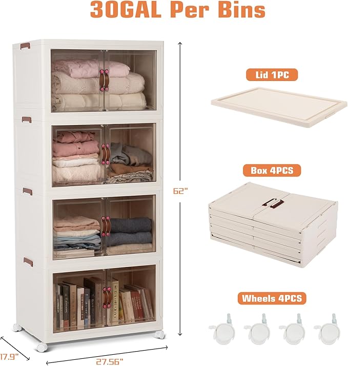 FAHKNS 120Gal/480Qt Stackable Storage Bins, Collapsible Storage Bins with Lid, Extra Large Closet Organizers and Storage with Transparent Door, Suitable for Home Bedroom or Kitchen, White