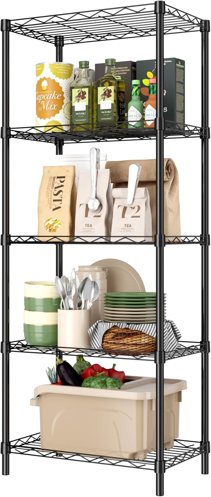 HOMEFORT 5-Tier Wire Shelving 5 Shelves Unit Metal Storage Rack Durable Organizer Perfect for Pantry Closet Kitchen Laundry Organization in Black, 16.5" W x 11.4" D x 47" H