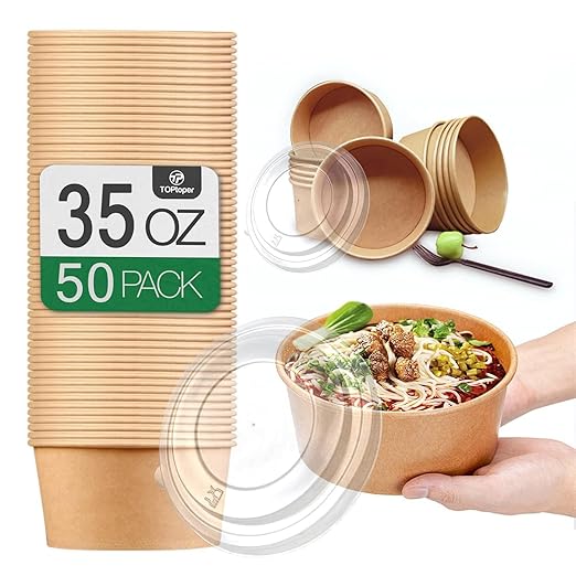 TOPtoper 50 Pack 35 Oz Large Paper Bowls with Lids, Heavy Duty Paper Bowls for Party, Disposable Bowls Bulk Leakproof and Microwave Safe for Hot/Cold Use (35 OZ)