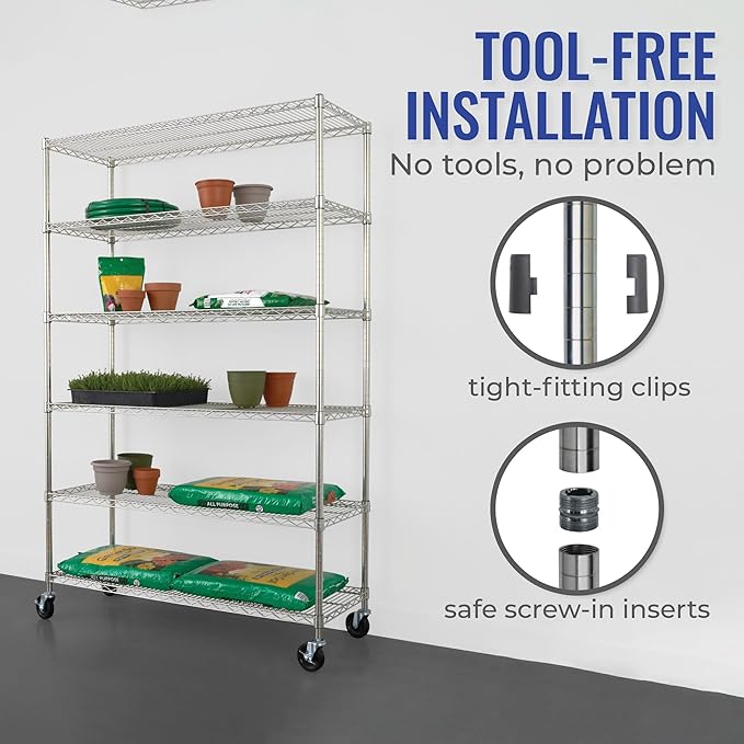 SafeRacks - NSF Certified Storage Shelves, Zinc, Heavy Duty Steel Wire Unit with Wheels and Adjustable Feet, Garage or Bakers Rack, Kitchen, Pantry Shelf - (18"x48"x72" 6-Tier) (Silver)
