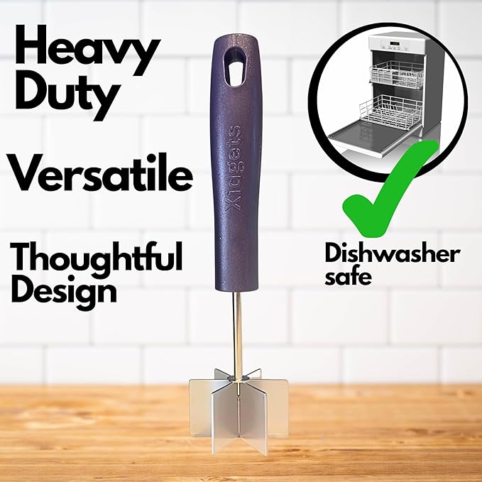 Large Stainless Steel Meat Masher, Ground Beef Chopper with Heavy Duty Handle & Mashing Head for Ground Beef, Turkey, and More – Dishwasher Safe (Midnight Plum 10")