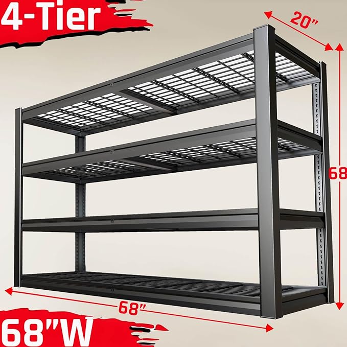 68" Wide Heavy Duty Garage Shelving Units, 4-Tier Deep Storage Shelves,Black Metal Garage Shelves,Steel Shelf,Large Storage Rack,Industrial Shelving for Shop, 68" W x 20" D x 68" H, 2 Pack