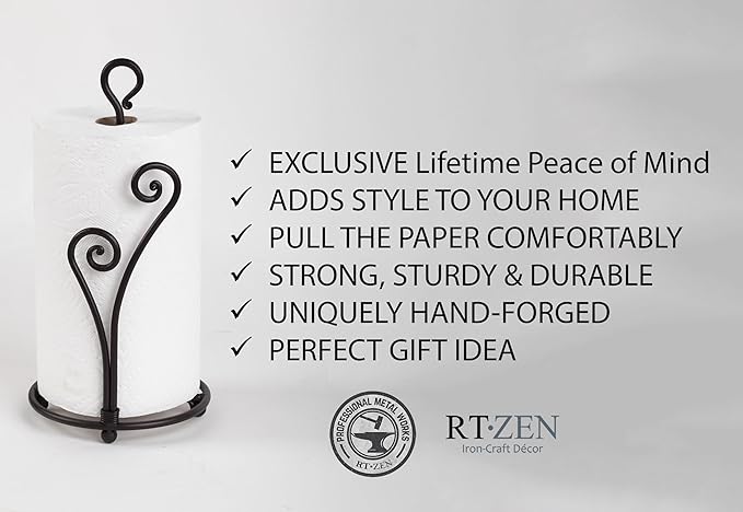 RTZEN Matte Black Paper Towel Holder Countertop - Decorative Farmhouse Paper Towel Roll Holder - Rustic Metal Modern Stand for Kitchen or Bathroom (Heart Shaped)