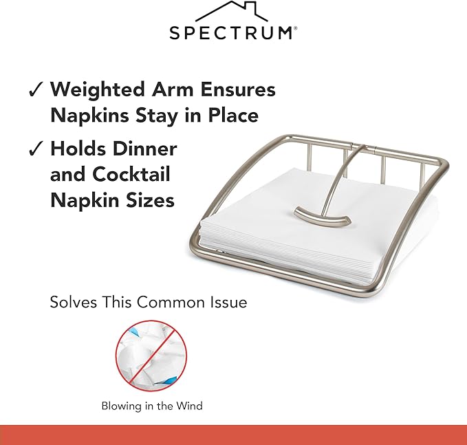 Spectrum Euro Napkin Holder for Table Kitchen Organizer for Counter Dining Room Table, Modern Sturdy Metal Flat Napkin Dispenser with Weighted Tension Arm Home for Paper Cocktail Napkin, Satin Nickel