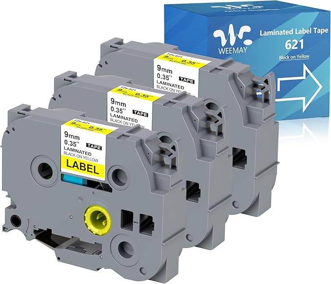 Weemay 3 Pack TZe-621 Compatible for Brother P-Touch Label Tape 9mm 0.35 Black on Yellow TZe TZ Tape TZ-621 TZ621 TZe621 3/8 Label for PTouch PTD210 PTD220 PTH110BP PTD410 PTD600 Printer