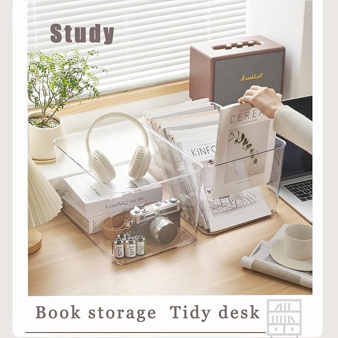 GUMEIGODA Clear plastic storage bins with LIDS-4packs,storage containers for snacks, cosmetics, books, dog food, Storage Organizer for Nursery，Kitchen, Living room,Bedroom, Bathroom, Office